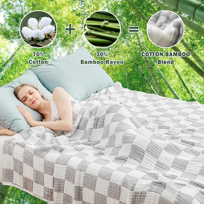 EMME Cooling Muslin Twin XL Blanket - Checkered Lightweight Summer Cotton Blanket of Rayon Derived from Bamboo for Hot Sleepers, Ultra Soft Breathable Gauze