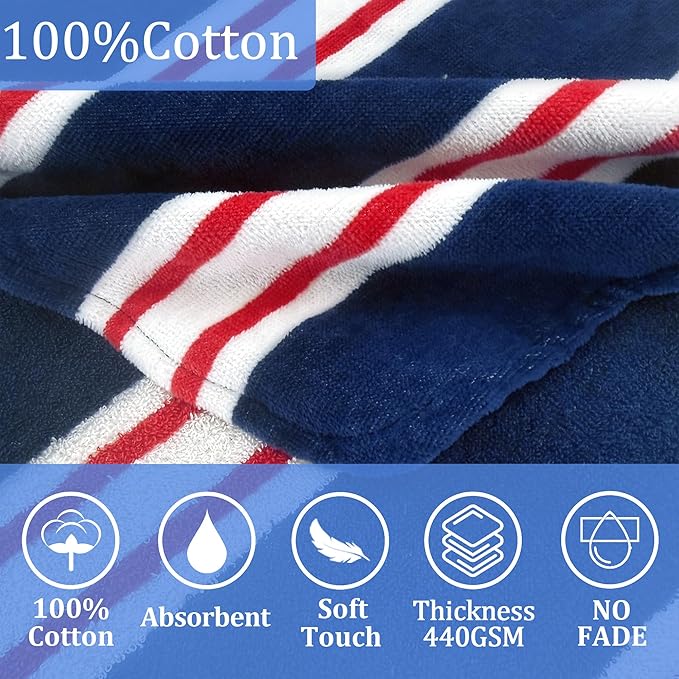 VOOVA & MOVAS Hooded Baby Towel, Oversized (2-4Years,21"X21") Made from 100% Soft Cotton,Absorbent Hooded Poncho Towel for Baby Girl,Perfect for Pool | Swimming | Bath | Beach,Navy Red Stripe