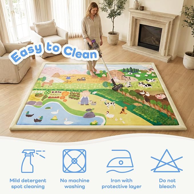 1.5" Thick Educational Baby Floor Play Mat 59x79, Flannel Padded Memory Foam Kids Mat, Non-Slip Plush Playmat for Nursery Playroom Classroom (Farm)