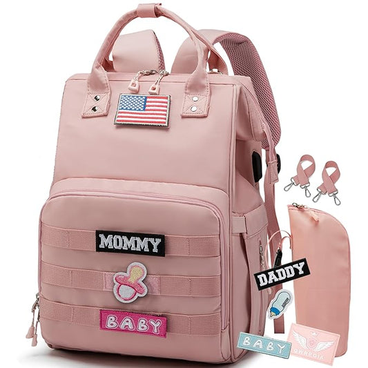 Diaper Bag Backpack for Dad and Mom with USB Charging Port Stroller Straps and Insulated Pocket,army military Travel Nappy Backpack for Daddy/Mommy (Pink)