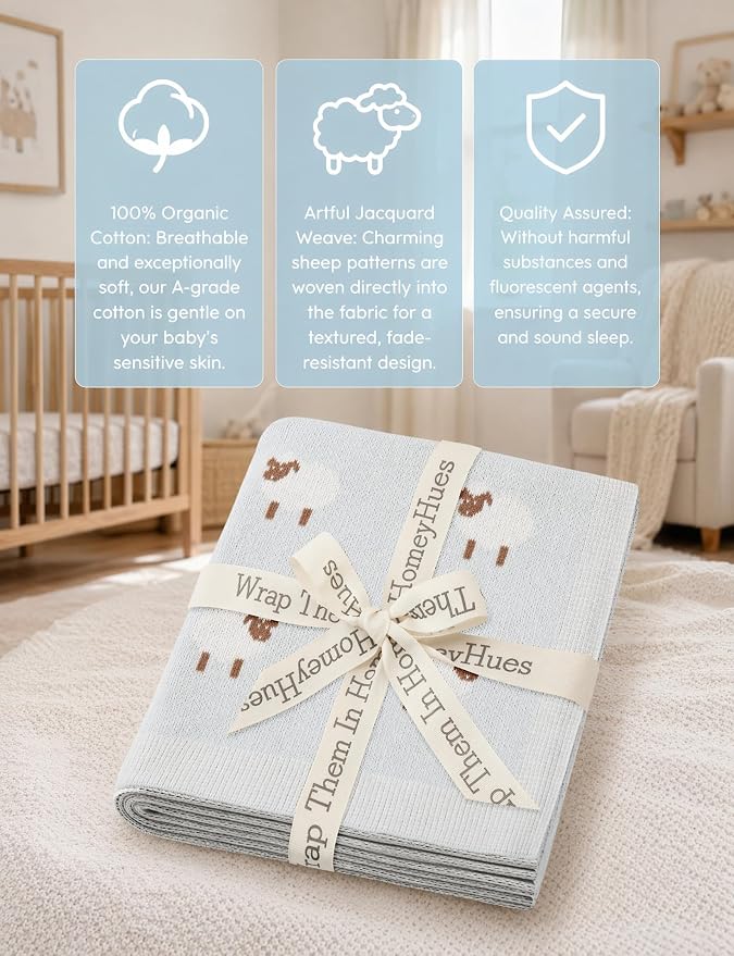 Organic Cotton Baby Blanket - Soft Luxury Knit Receiving Blanket for Newborns & Toddlers, Cozy Breathable Stroller Blanket with Pattern, Unisex, 30x40Inch（Sheep-Blue）