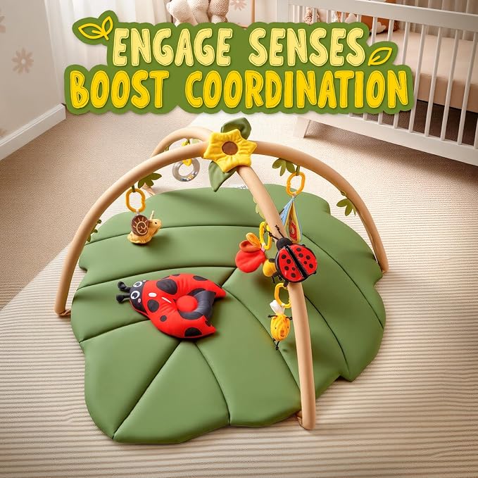 Baby Play Mat,Oversize Leaf Shaped Tummy Time Mat with 7 Detachable Toys-Activity Gym for Visual,Auditory & Motor Development-Washable Baby Activity Mat for 0-18 Month Infants
