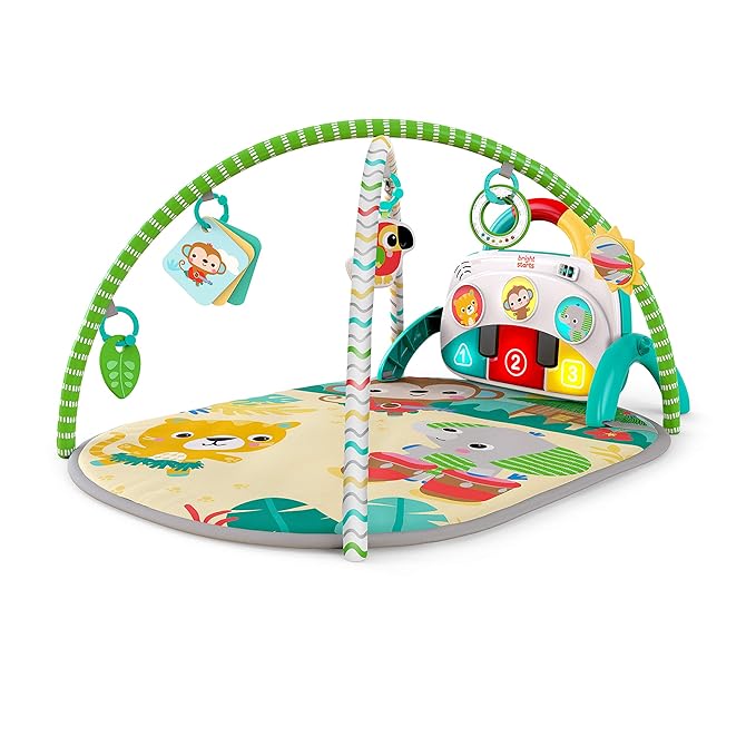 Bright Starts 4-in-1 Groovin??Kicks Piano Gym, Tummy Time Play Mat & Activity Baby Toys, Green - Tropical Safari, Newborn to Toddler