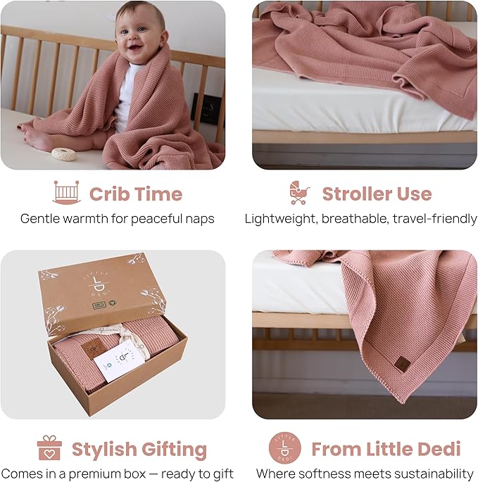 100% Organic Cotton Baby Knitted Blanket with Gift Box - Soft Toddler, Crib, Stroller Blanket - Neutral Swaddle and Receiving Blanket for Newborns, 30"x40", Pink