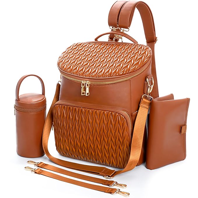 Minsong Diaper Bag Backpack, Fashion Leather Mommy Backpacks, Travel Baby Diaper Bags with in Bag Organizer and Changing Pad (Brown-stripes)
