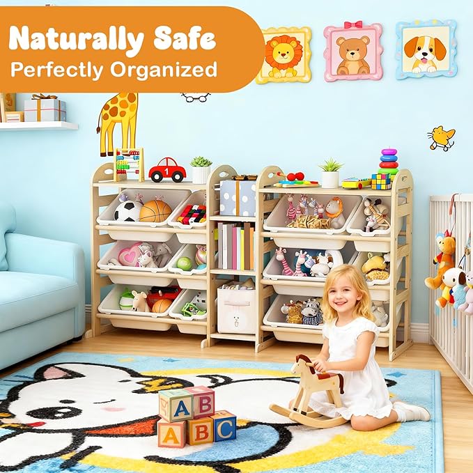 Toy Storage Organizer, 59.6" W White 5-Shelf Bookcase/Bookshelf with 12 Toy Bins, Large Toy Organizers and Storage, Toy Box for Playrooms, Bedrooms Organization
