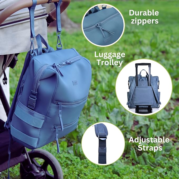 BUNSO Neoprene Diaper Bag – minimalist, water-resistant backpack with pouch, changing pad, and stroller straps. Lightweight unisex baby diaper bag in Slate Blue