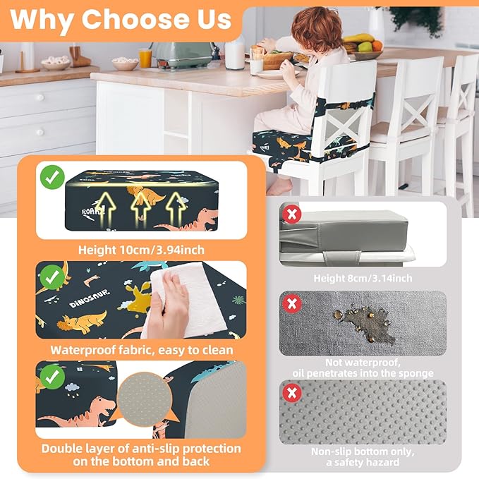 Toddler Booster Seat for Dining Table with Adjustable Straps, Kids Booster Seat for Kitchen Chair with Non-Slip Bottom, Portable Detachable Washable Increasing Cushion (Dinosaur)