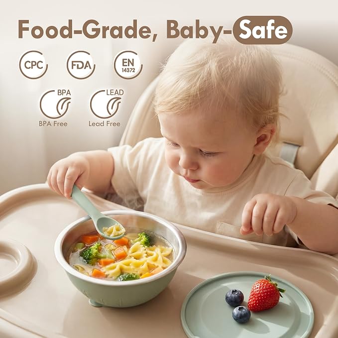 Moonkie Baby Suction Bowls for Self-Feeding: 3 Strong Suction Bases Prevent Spills - Seamless One-Piece Design for Easy Cleanup - Stainless Steel & Silicone Toddler Bowls with Lids - 13 oz 2 Pack