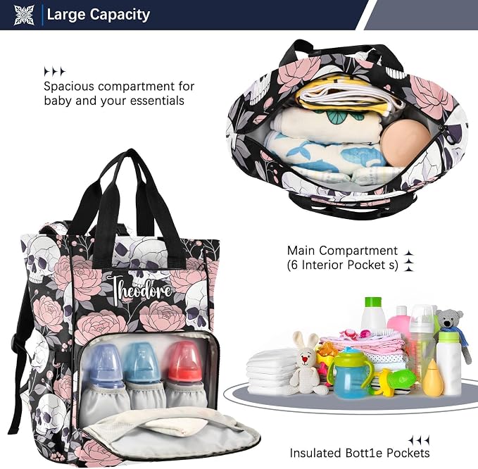 Personalized Flat Skull Peony Diaper Bag – Insulated Pockets for Mom Dad