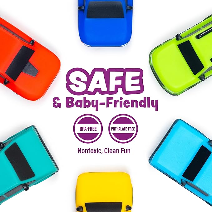 Tub Works® Everyday Cars??Watertight Baby Bath Toys, 6 Pack | Sealed, No Hole Bath Toys Design Keeps Moisture Out | Soft, Squeezable & Floating Fun | Infant, Baby & Toddler Bath Toys | Car Tub Toys