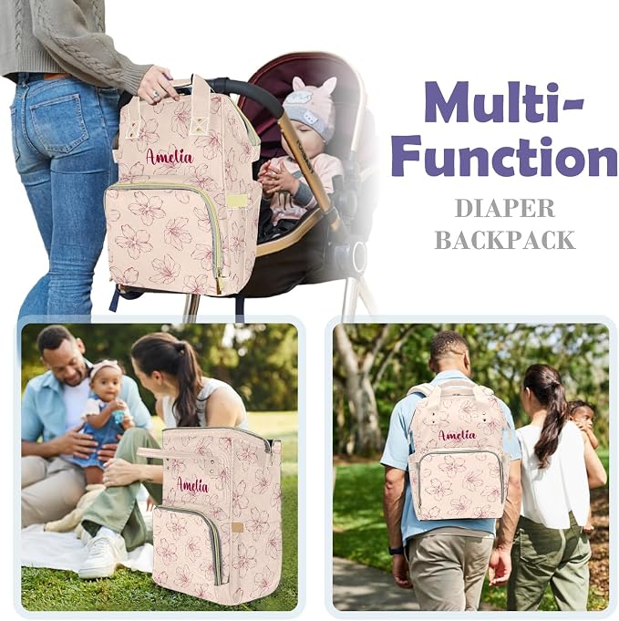 Custom Diaper Backpack, Upgraded Large Capacity Baby Changing Bag, Personalized With Name, Multifuction Mommy Backpack With Insulated Pockets for Boys Girls, Floral