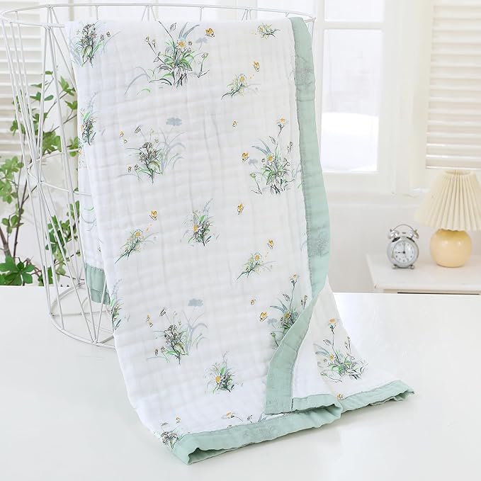 Jay & Ava Soft Cotton Muslin Blanket 42' x 42', Toddler Baby Crib Blanket - 4 Layers - Green Daisy
