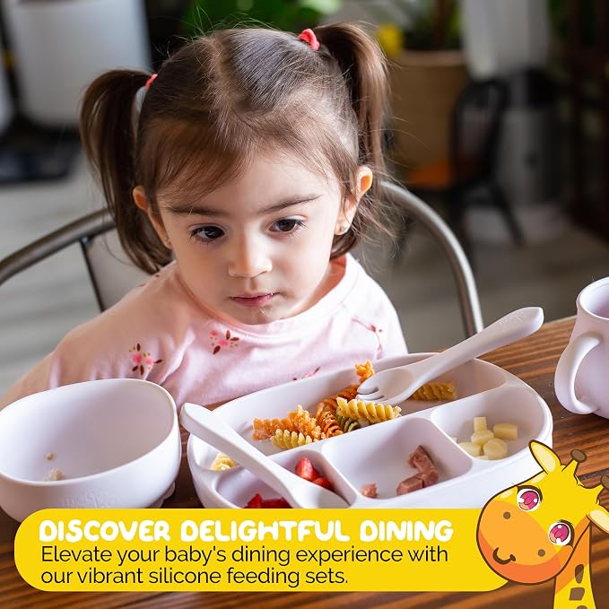 Baby Dinnerware Set by Muqee Peeko in a Sweet Lilac Color including Sets with Suction - Food Grade Silicone (5 Piece Set)