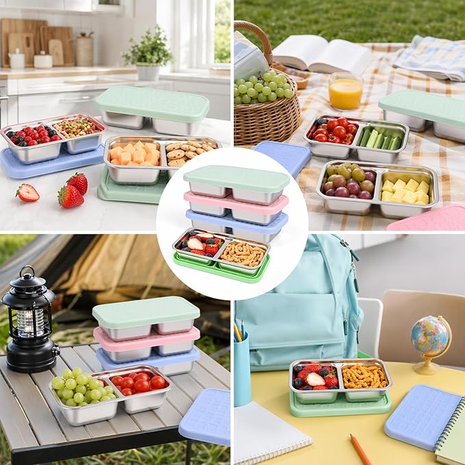 4 Pack Stainless Steel Snack Containers, Leak-Proof 2 Compartment Lunch Boxes with Silicone Lids, Reusable Metal Snack Box for Meal Prep, Travel, Outdoor & Daily Use (1 & 2 Compartments – A)