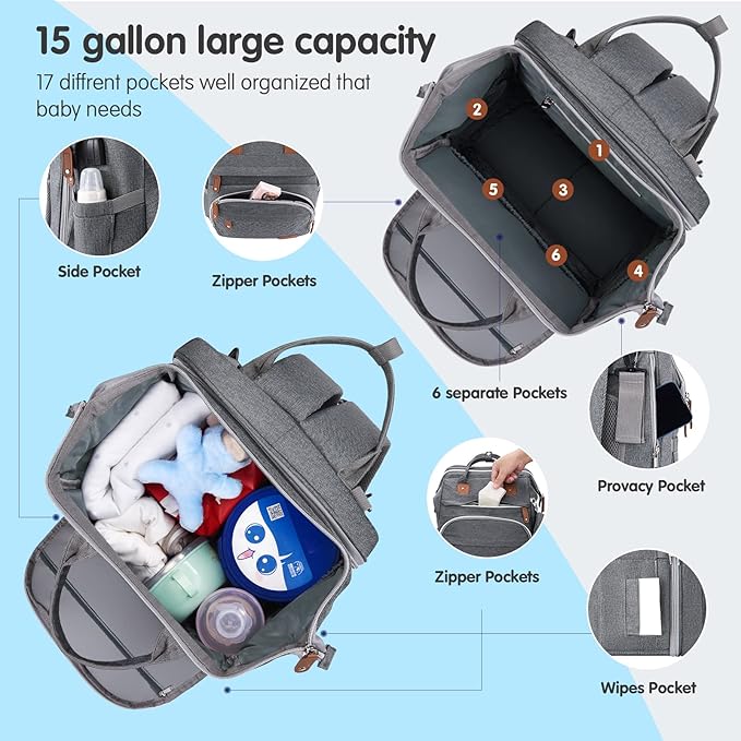 DERJUNSTAR Diaper Bag Backpack ??Large Capacity Baby Diaper Bag with Changing Pad, Waterproof Travel Backpack for Boys & Girls, Multi-Function Baby Bag with USB Charging Port, Grey