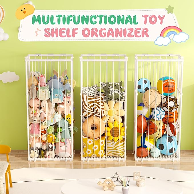 Large Metal Stuffed Animal Storage Zoo, Metal Stuffed Animal Holder Organizer with Elastic Cord, Space-Saving Toy Storage for Nursery, Playroom & Bedroom, White