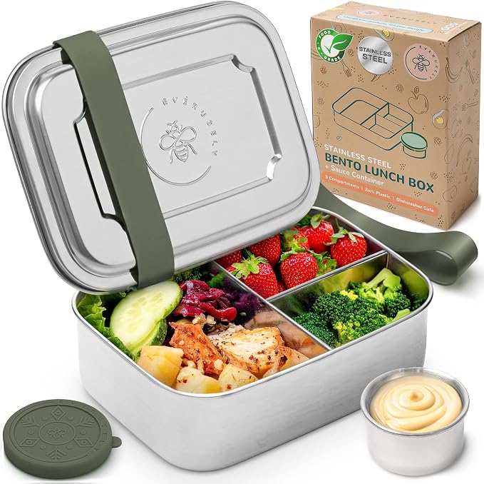 Everusely - Bento Box - Sage, 37oz / 1.1 L - Stainless Steel Lunch Box with Leakproof Condiment Container - 3 Compartment Snack Organizer for On the Go Meals - Freezer & Dishwasher Safe