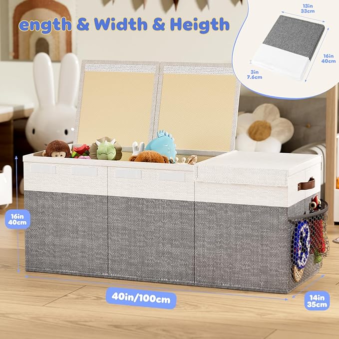 Dayacoco 40"X14"X16" Extra Large Toy Box Chest with Lids, 150L Collapsible Sturdy Kids Toy Storage Organizer Boxes for Boys Girls, Sturdy Toys Chest Storage Organizer Bin Basket, Gray & White