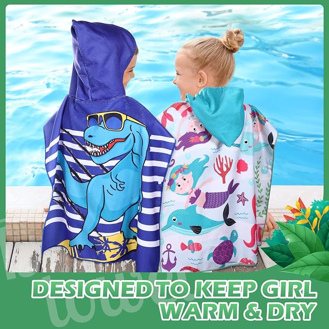 Chumia 3 Pack Kids Hooded Beach Poncho Towels Toddler Swim Pool Bath Towels with Hood Thicker Cotton Absorbent Cover up for Boys Girls Baby(59 x 30 Inch,Shark, Dinosaur)