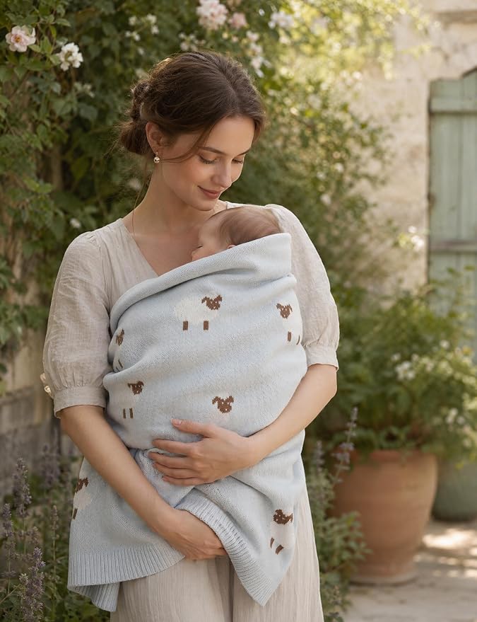 Organic Cotton Baby Blanket - Soft Luxury Knit Receiving Blanket for Newborns & Toddlers, Cozy Breathable Stroller Blanket with Pattern, Unisex, 30x40Inch（Sheep-Blue）