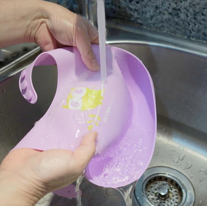 2-Pack Waterproof Silicone Baby Bib Lightweight Comfortable Easy-Wipe Clean (Purple/Light Pink, Large)