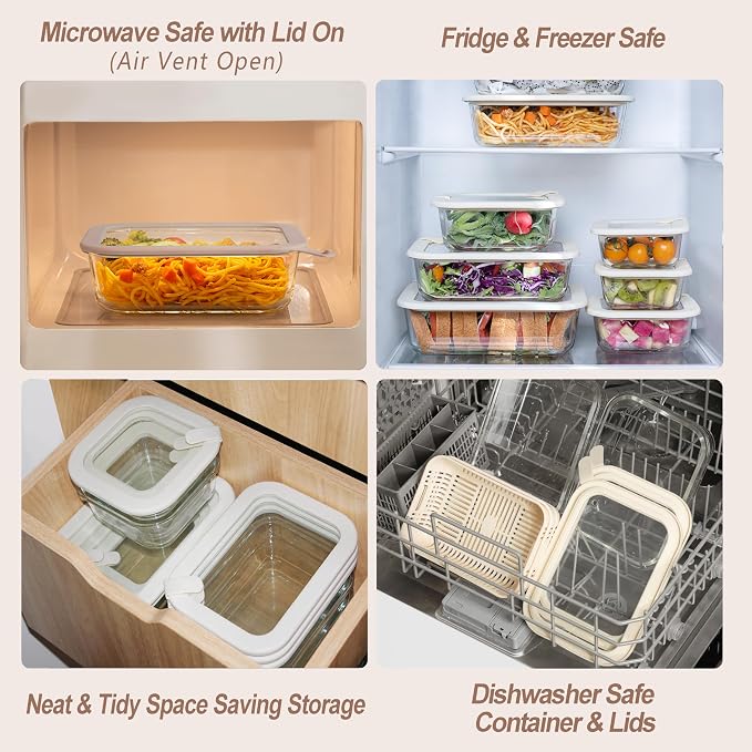Urban Green Glass Food Storage Containers with Glass Lids, Microwave Safe Food Container Set, Airtight Food Container Set, LeakProof, 100% Plastic Free, White Color, 4pack