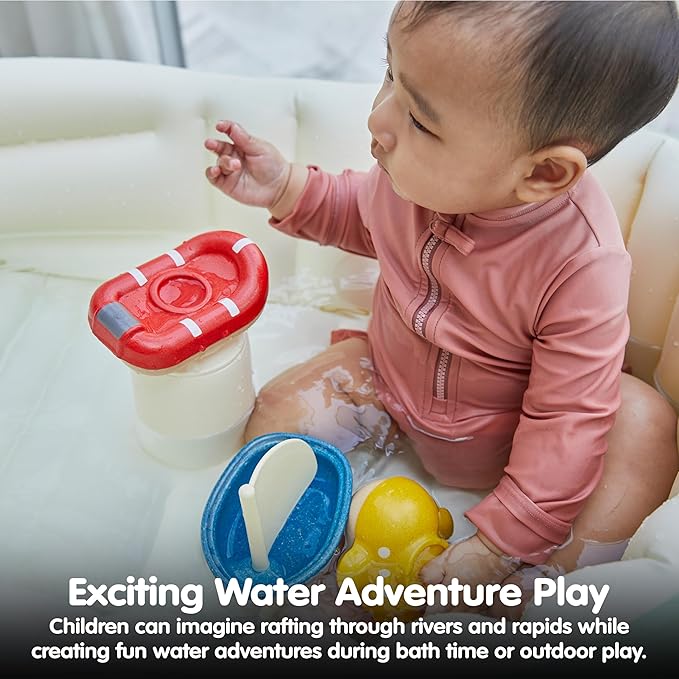 PlanToys® Wooden Whitewater Raft | Waterproof Bath and Water Play Toy | Montessori Toy for Imaginative Play, Coordination and Sensory Development | Eco Friendly Floating Toy