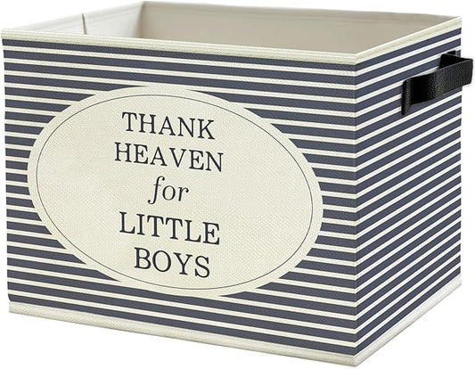 Boy Nursery Storage Bins Box with Handles, Thanks Heaven for Little Boys Blue Striped Collapsible Basket Organizer for Baby Boys Toddler Kids Room Bedroom Bathroom Toys Books Clothes