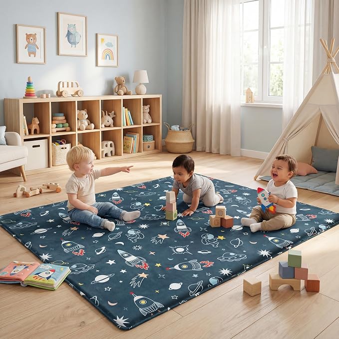 1.5" Thick Premium Baby Floor Play Mat, 71x79 Over-Sized Padded Memory Foam Mat, Tummy Time Crawling Playmat for Nursery Kids Playroom, Space Adventure