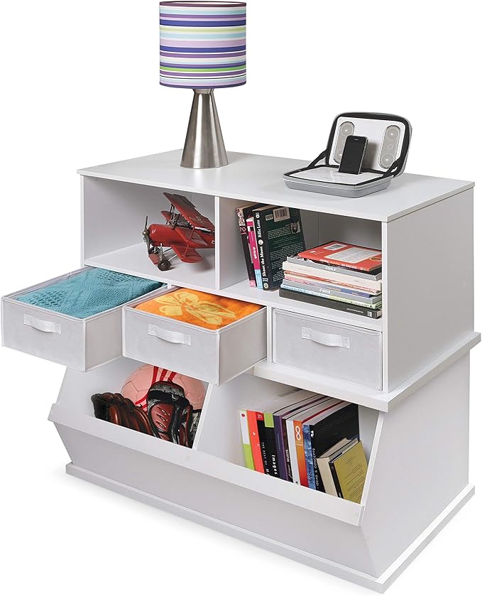 Badger Basket Two Bin Stackable Toy Storage Cubby Organizer ??Modular Storage for Toys, Books, and Crafts ??Solid Wood Panel - White