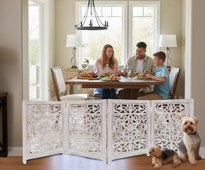 Croft&Cane Wooden Foldable Pet Dog Safety Gate - 4 Panel 20 W x 24 H - Hand Carved Suzani Free Standing Portable Indoor Puppy Gate - Doorway Hall Stairs Dog Fence - Assembled - White Wash
