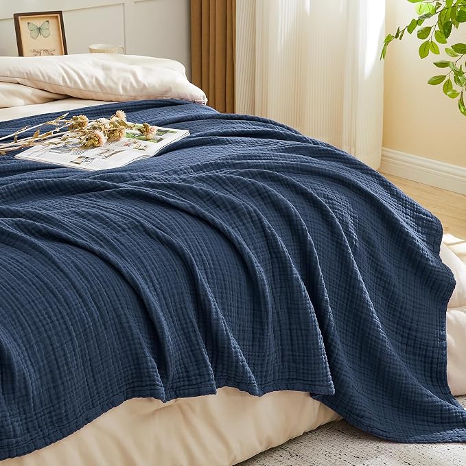 EMME Muslin Blanket 100% Cotton Twin Blankets Navy, 60"x80" Breathable Gauze Blanket All Season Soft and Lightweight Pre-Washed
