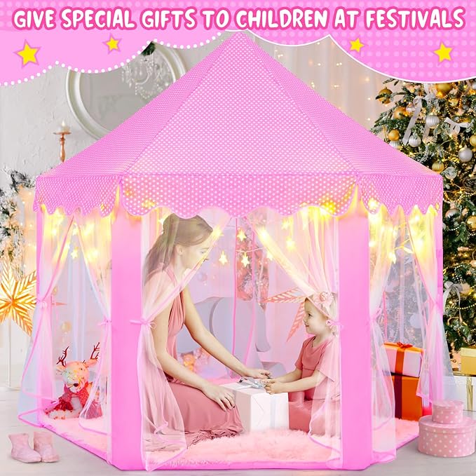 Pink Princess Tent for Girls With LED Small Star Lights, Castle Playhouse for Children Toddlers Indoor Outdoor Games, 5553 Inches