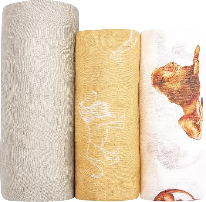 hahaland Muslin Swaddle Blankets Bamboo - 3-Pack, 1 Large (47" x 47") & 2 Standard (38" x 40") Breathable Silky Soft Receiving Blankets Swaddles for Newborns Newborn Essentials, Gold