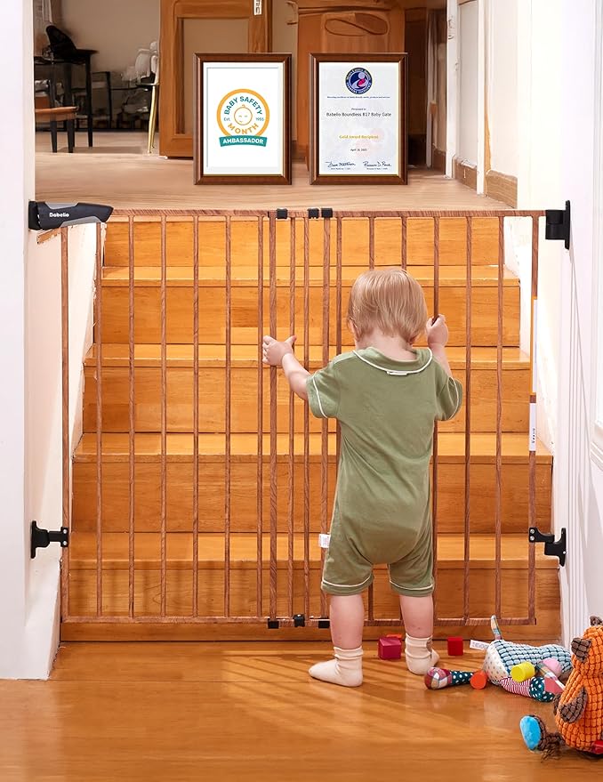 Babelio 34" Extra Tall Baby/Dog Gate with No Threshold Design Walk Thru Door, 26-43" Auto Close Safety Gate for Babies, Elders and Pets, Fits Doorways, Stairs, and Entryways, Brown Wood Pattern