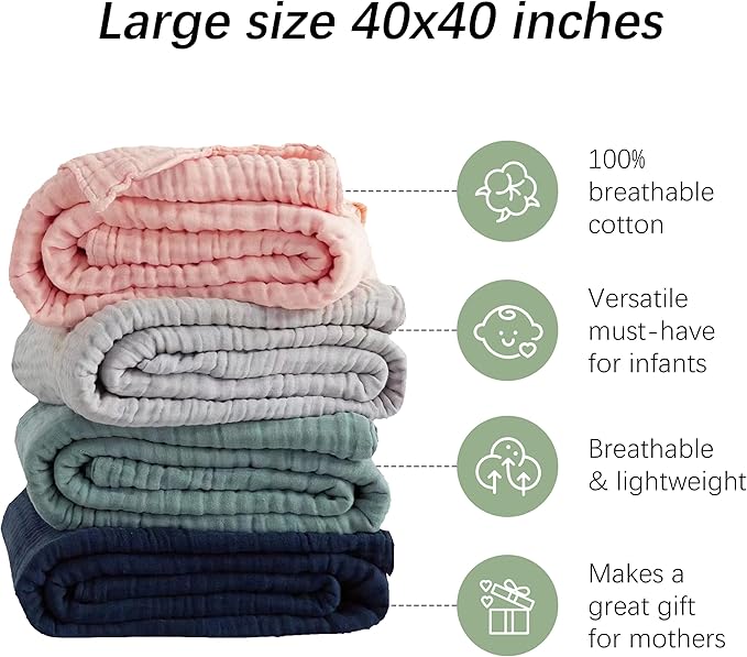 SWEET DOLPHIN Muslin Baby Bath Towels Blanket - 2 Pack 100% Cotton Towel for Babies, Infants, Toddlers - 40x40Inch - Highly Absorbent, Light Sakura