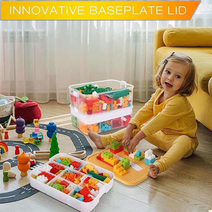 Kids Toys Storage Organizer for Lego Clear Building Blocks Container Box with Baseplate Lids 2 Layers Stackable Playroom Organization Bin Portable Drawers Bricks Puzzle Board Craft Compartments Case