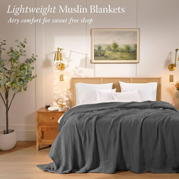 Threadmill Muslin Blanket for Queen Size Bed | 4 Layer 100% Cotton Gauze Blankets | Soft, Breathable and Cozy Bed Throw for All Seasons | Pre Washed, Lightweight Blanket Fits Full Size Bed | Dark Grey