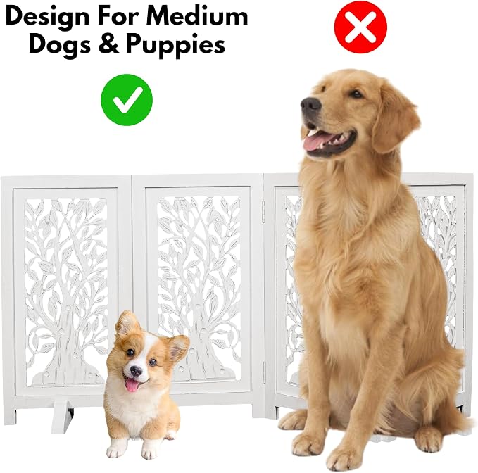 Decorative Wooden Dog Gate, 4 Panel Free Standing Folding Pet Fence, 56x28 Inch Indoor Dog Barrier for Doorway or Hallway, Sadie Design, White Antique