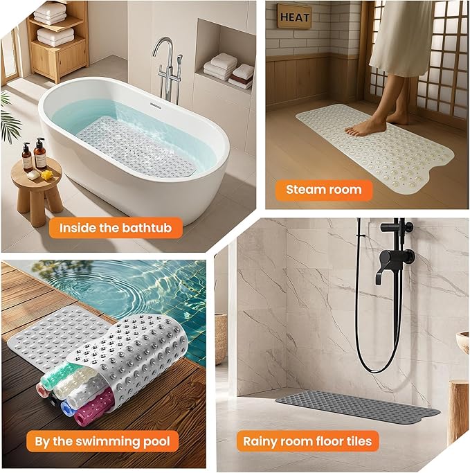 Non-Slip Bath Tub Mat, 39x16 Inch Extra Large Shower Mat with Drain Holes & Suction Cups, Machine Washable, Purple