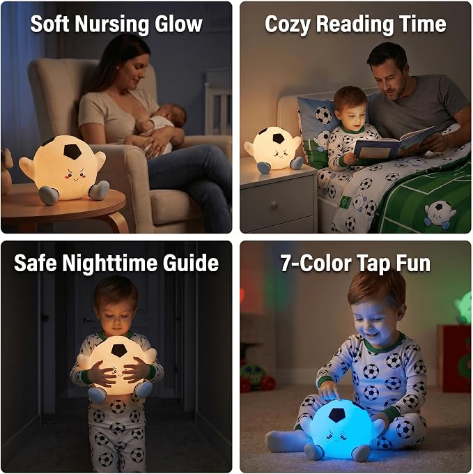 Soccer Night Light for Kids, Rechargeable Silicone Light Up Soccer Ball Lamp, 7-Color Tap Control Dimmable Bedside Nightlight, Cool Room Decor Stuff, Birthday Gifts for Boys 8-12 & Teens