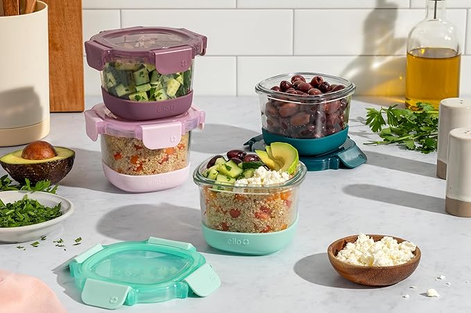 Ello Duraglass Refresh 4-Pack 2 Cup Reusable Glass Container Jar with Leak Proof Lids and Protective Silicone Sleeves | Perfect for Overnight Oats, Yogurt | BPA-Free | Dishwasher Safe | Garden Goals