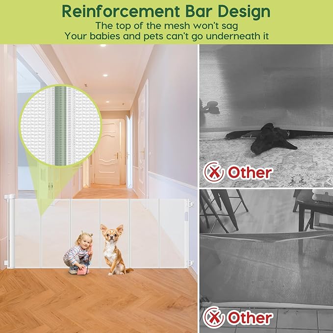 Reinforced 80 Inch Extra Wide Retractable Baby Gate with Support Rods, Indoor/Outdoor Retractable Pet Gates for Wide Openings, 33??Tall Mesh Dog Gate Indoor Extra Long Baby Gates for Decks, White