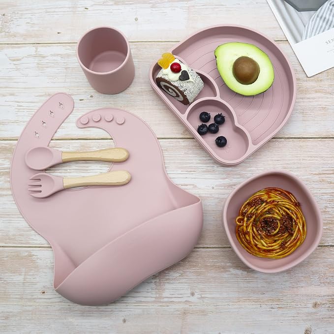 Rainbow & Butterflies |7 Piece| Silicone Baby Feeding Set – |Bib, Suction Bowl, Training Cup, Sectional Suction Plate & Lid, Spoon & Fork| – Food Grade Silicone, BPA Free (Baby Pink)