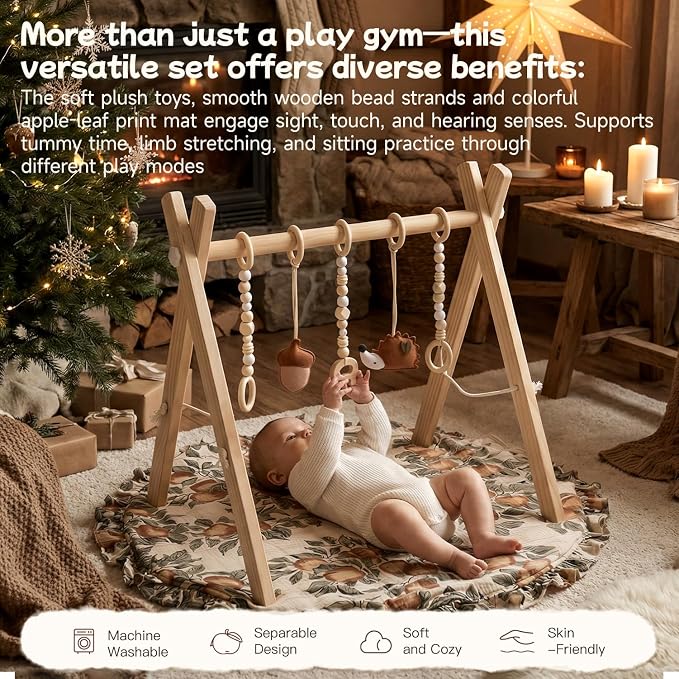 Wooden Baby Play Gym with Apple & Leaf Print Play Mat, Baby Gym with 5 Sensory Toys, Foldable Baby Activity Center Play Gym Frame for Newborn Infant Shower Gift