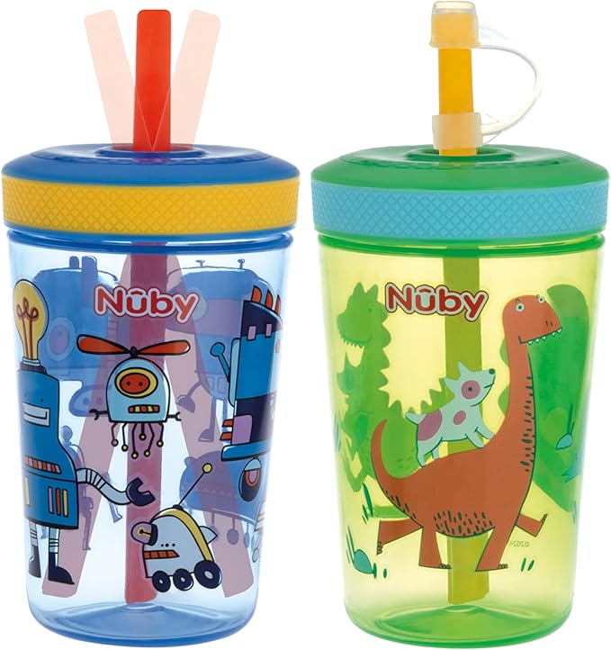 Nuby Thirsty Kids Super Sipper ??14oz No-Spill Toddler Cup with 360° Silicone Valve & Swivel Straw ??Leak-Resistant, Durable, Easy-Clean Design ??2 pk - Boys