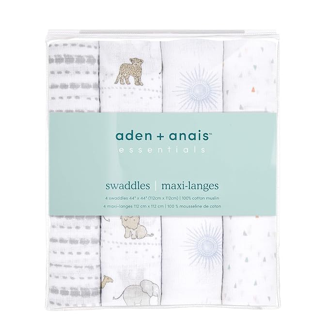 aden + anais Essentials Muslin Swaddle Blankets for Baby Girls and Boys, Newborn Receiving Blanket for Swaddling, 100% Cotton Baby Swaddle Wrap, 4 Pack, Sunshine