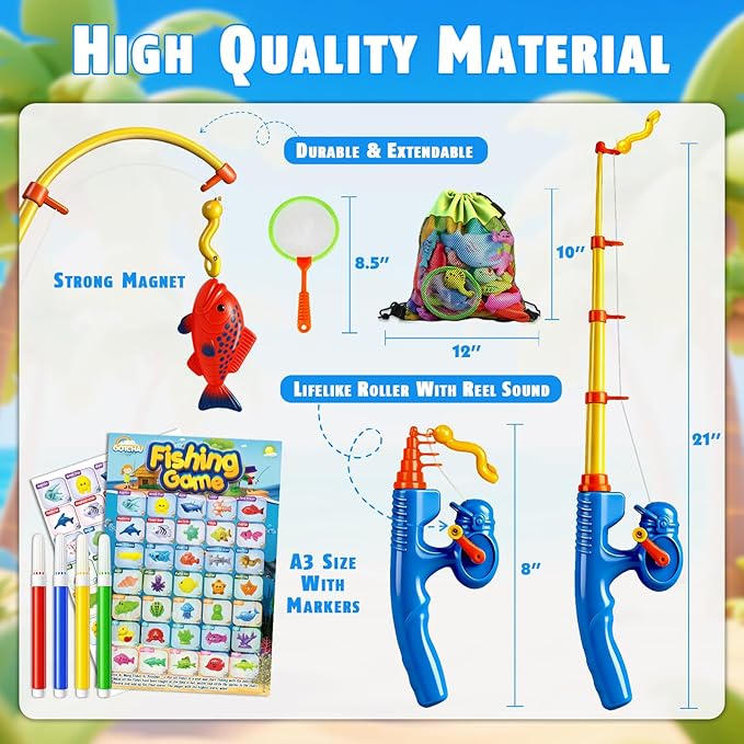 CozyBomB??Magnetic Fishing Toys Game Set for Kids | Water Table Bathtub Kiddie Pool Party Pole Rod Net, Outdoor Plastic Floating Fish, Toddler Bath Color Ocean Sea Animals Birthday Gift Age 3-5 6 4-8