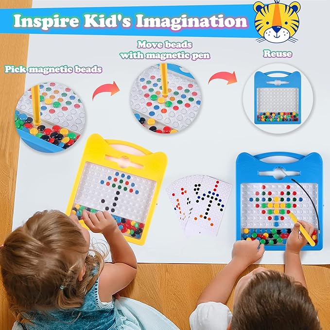 Magnetic Drawing Board for Kids, Toddler Magnet Doodle Board with Beads and 2 Pens, Magnetic Dot Art Toys, Airplane Car Travel Activities (Blue Cat)